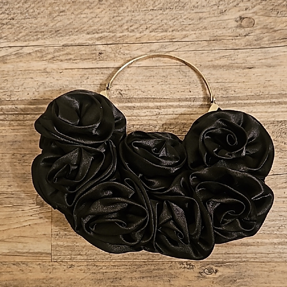 Sophisticated Black Rose Clutch with Silver-Tone Frame